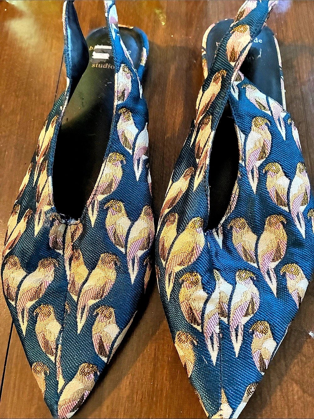 Black Suede Studio Pointed-Toe Floral sling back flats. Blue, pink,gold birds